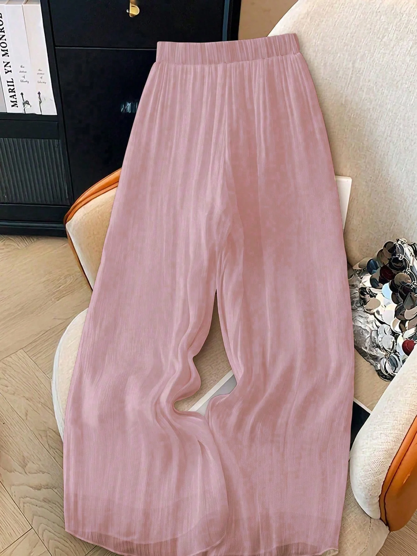 Damen-Hose mit weitem Bein, elastische Hose mit hoher Taille, strukturierte Hose, lässig, Boho-Stil, Frühling, Sommer, Urlaub, Strand, Alltagskleidung, leichte Hose – Detail 4