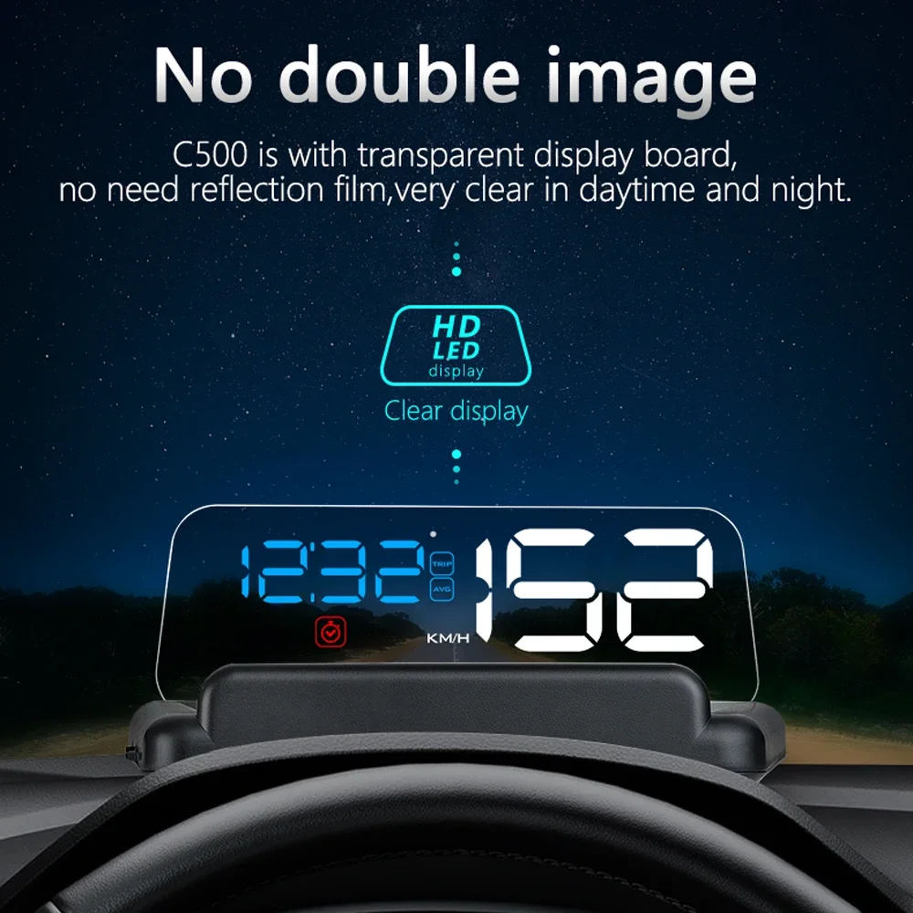 C500 سيارة HUD السيارات Obd2 رئيس متابعة عرض عداد السرعة RPM درجة حرارة الماء الجهد السرعة الزائدة إنذار التعب القيادة تذكير على مدار الساعة