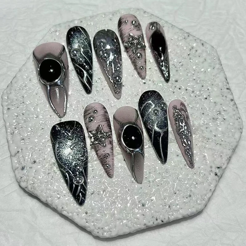 10 قطع Y2K معدنية الشرير نمط اليدوية الصحافة على الأظافر أسود وردي المعادن الثقيلة التوابل الفتيات الأظافر وهمية للإزالة قابلة لإعادة الاستخدام
