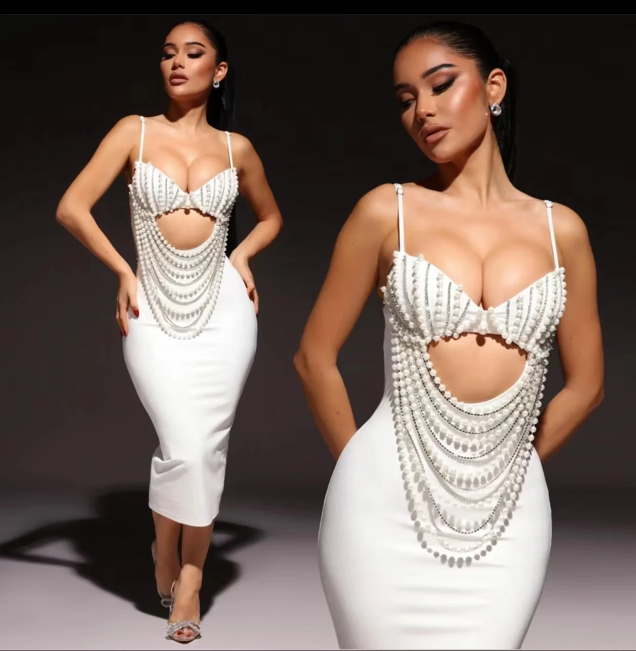 

New Arrival Black White Women Sleeveless Sexy V-Neck Pearl Beading Bodycon Midi Dress Bandage Fashion Nightclub Party Outfit