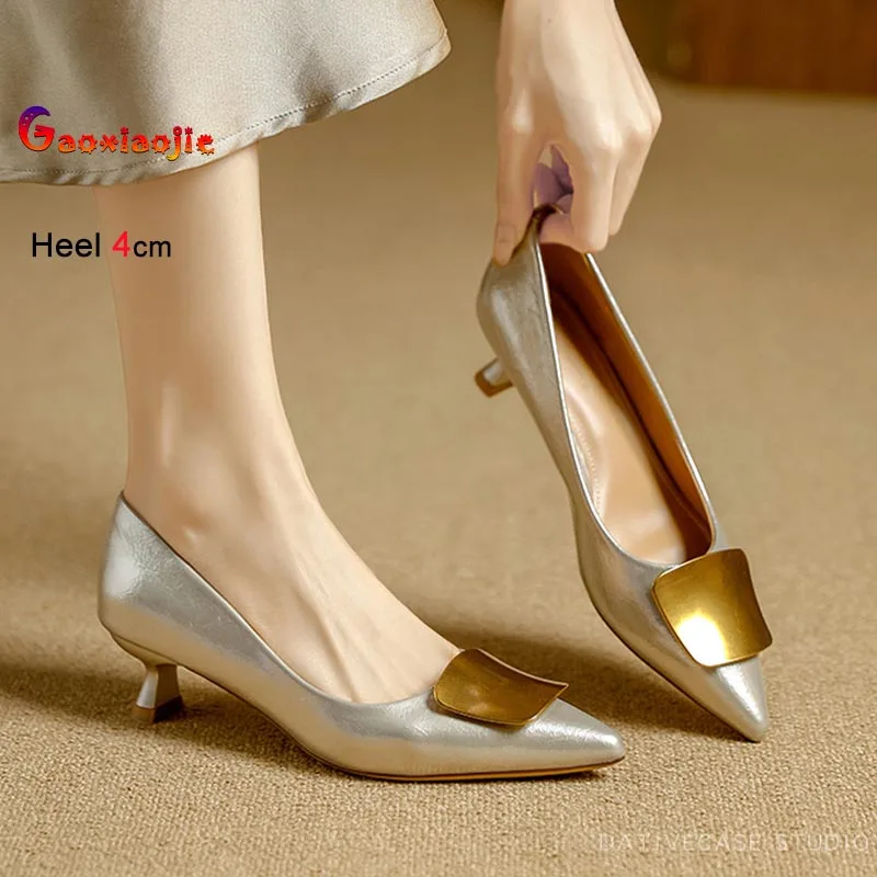 

French Style Medium Heel Women Pumps Fashion Metallic Buckle Pointed Toe Shallow Mouth Single Shoes Lady High Heels Party Shoes