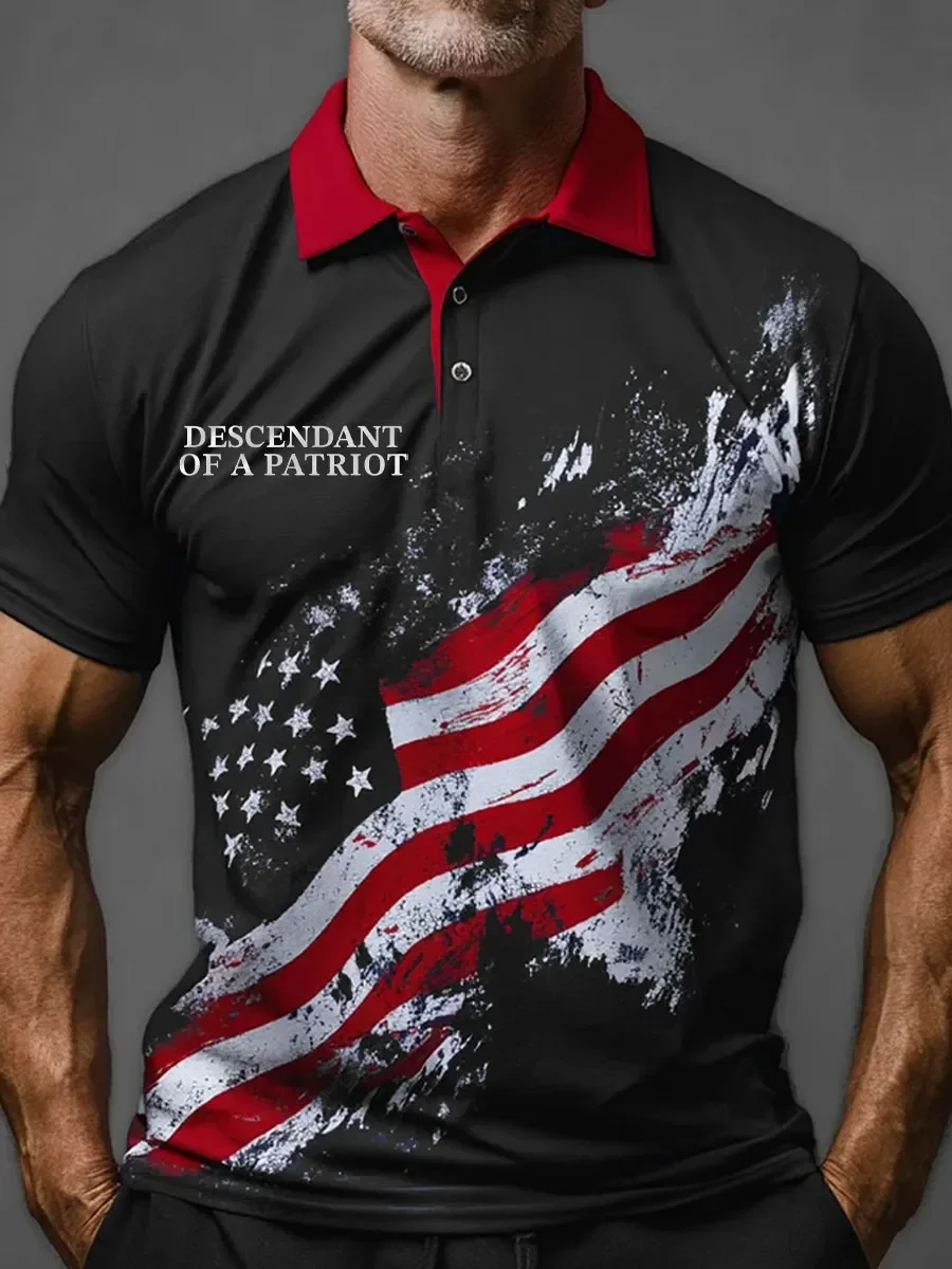 Men's American Flag Print Polo Shirt, 