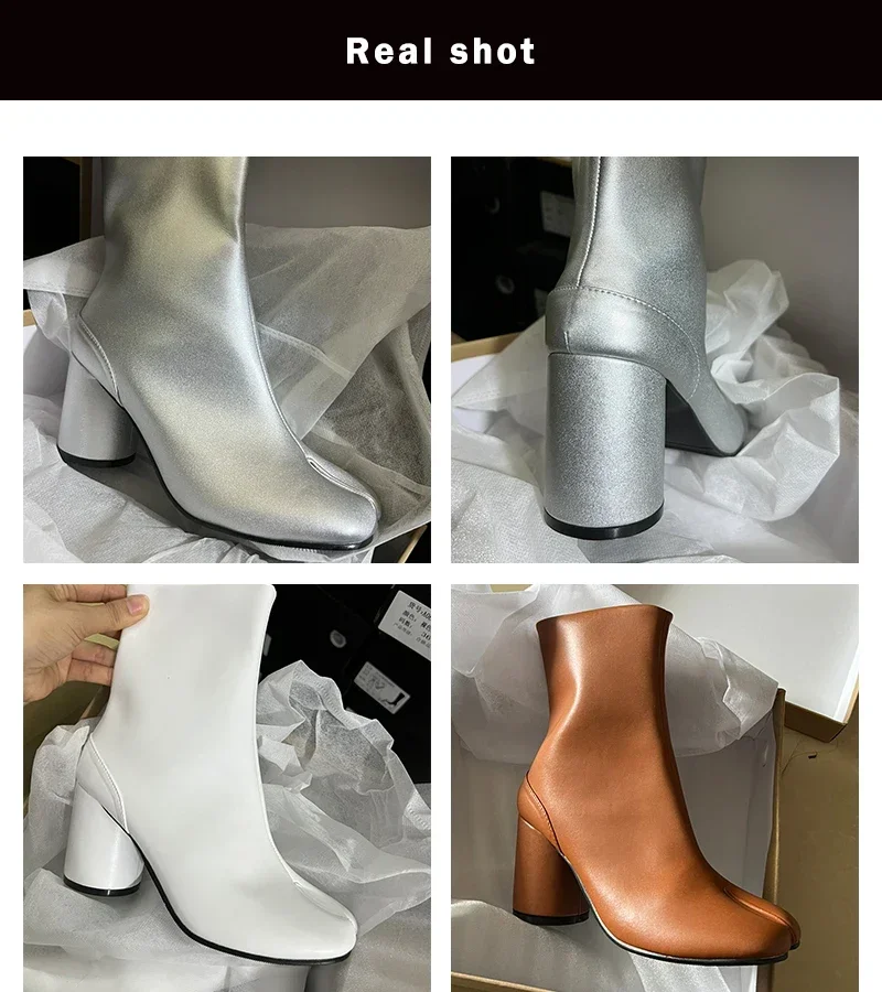 Luxury Brand Designer Tabi Split-toe Ankle Boots Women Genuine Leather Chunky High Heel Short Boots 2024 Spring Autumn Shoes image 5