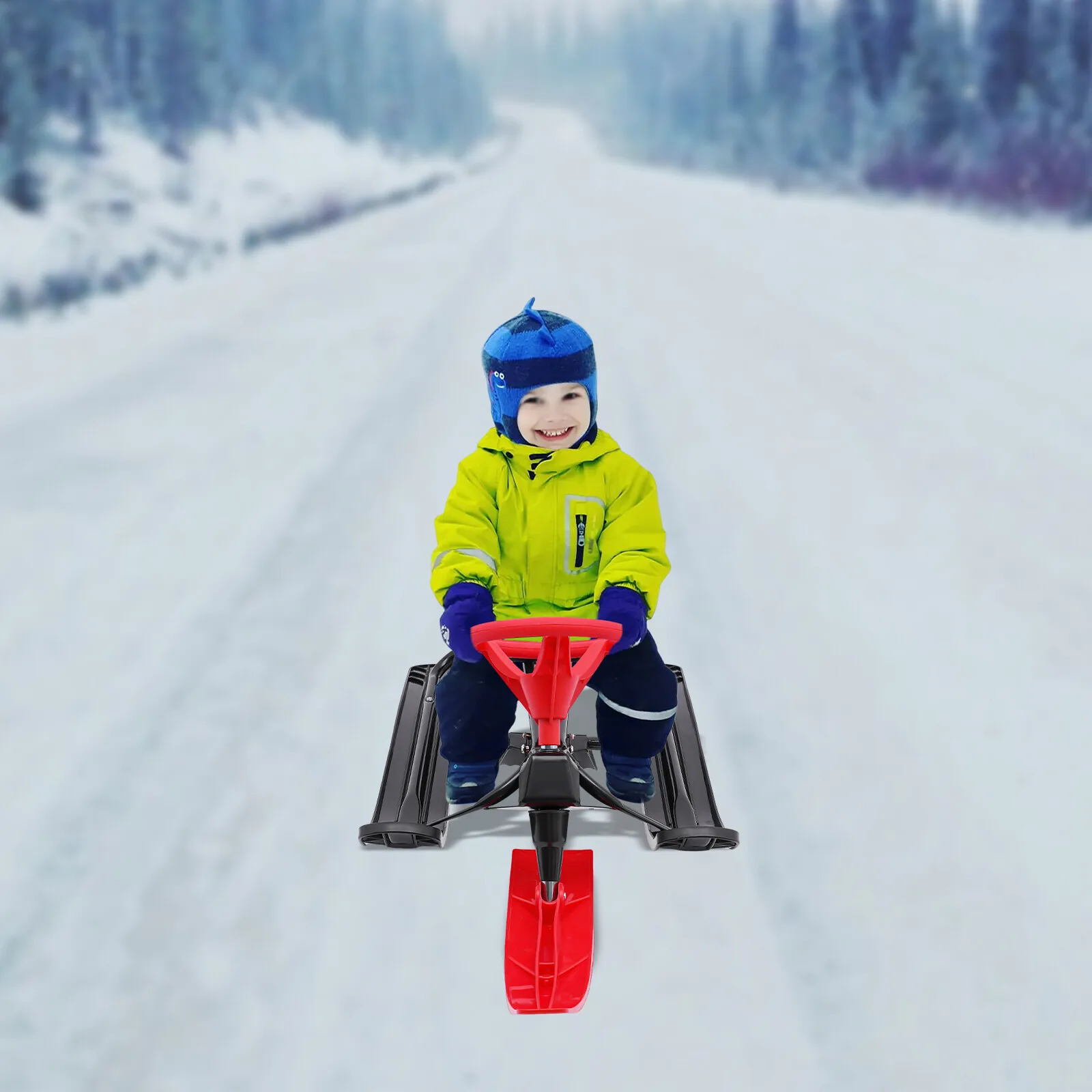 

Kids Snow Sled with Steering Wheel, 220lb Capacity Kart Sled with Brakes, Parent-Child Winter Sled for Snow Sliding Fun