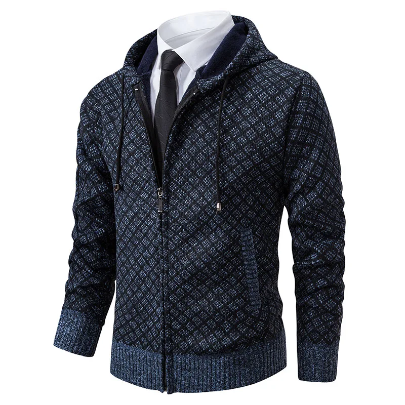 Men Hooded Knitwear Sweaters Winter Cardigans Plaid Sweatercoats Autumn Thicker Fleece Warm Slim Casual Cardigans Hoodies Coats