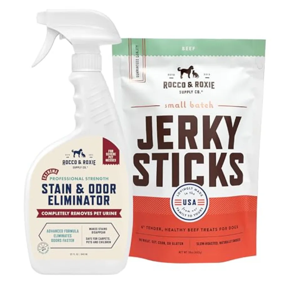 

Набор Rocco and Roxie: Экстрим-средство для удаления пятен и запахов для домашних животных и лакомства из вяленой говядины в виде палочек