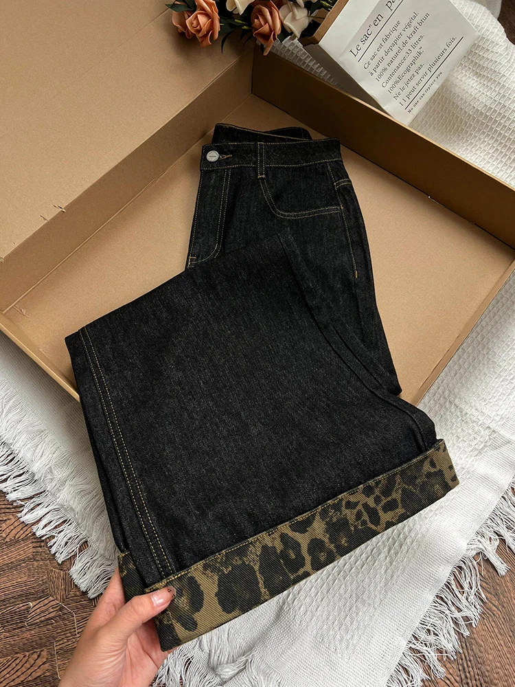 American Retro Leopard Patchwork Denim Pants Women's Loose High Waist Wide Leg Jeans Spring Autumn New Casual Straight Trousers