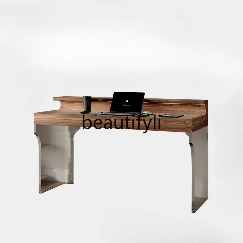 

Italian minimalist solid wood leather desk with lamp modern simple computer desk storage storage study
