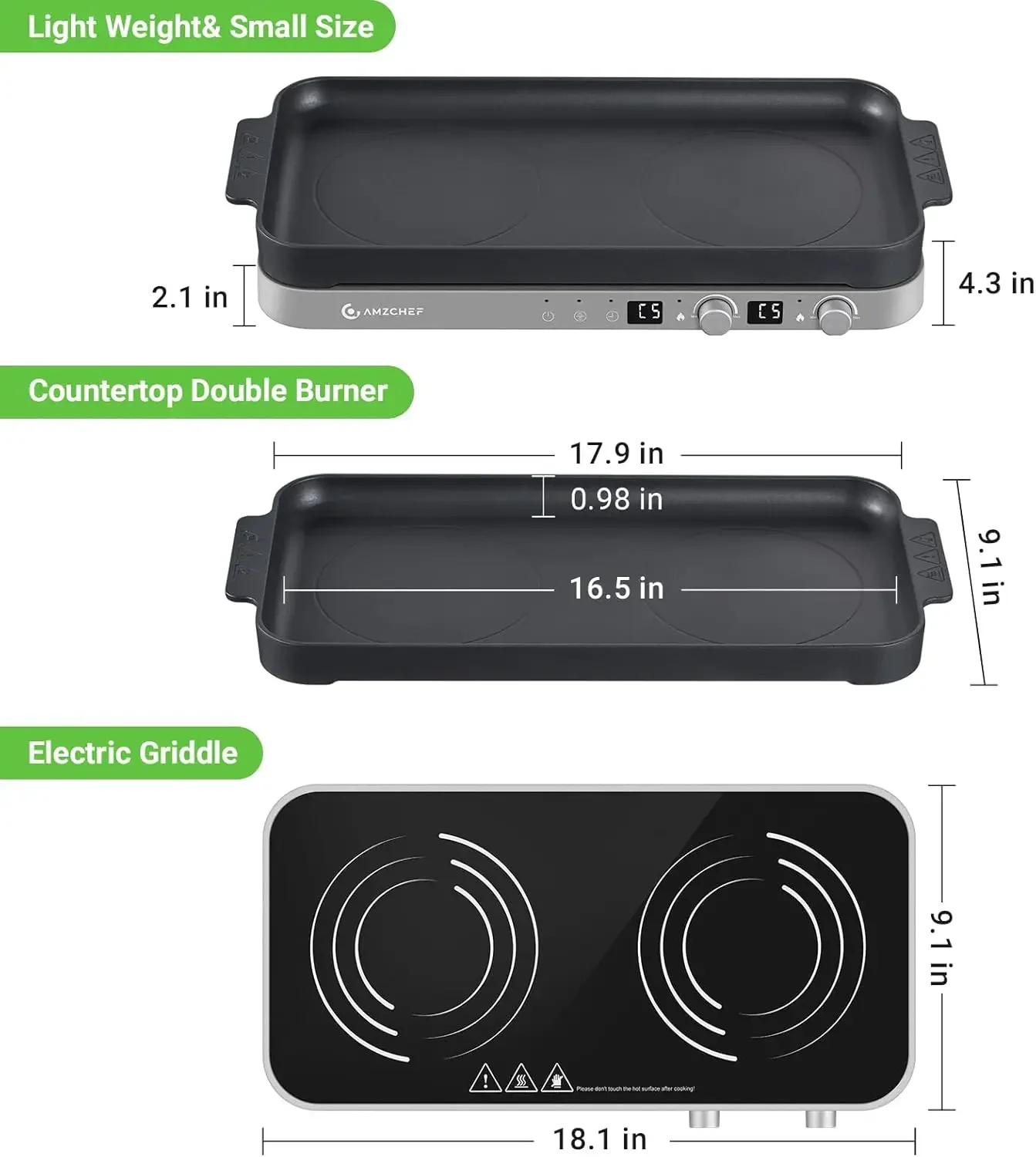 Double Induction Cooktop with Removable Iron Cast Griddle Pan Non-stick, 1800W 2 burner Portable Induction Stove With Sensor Tou