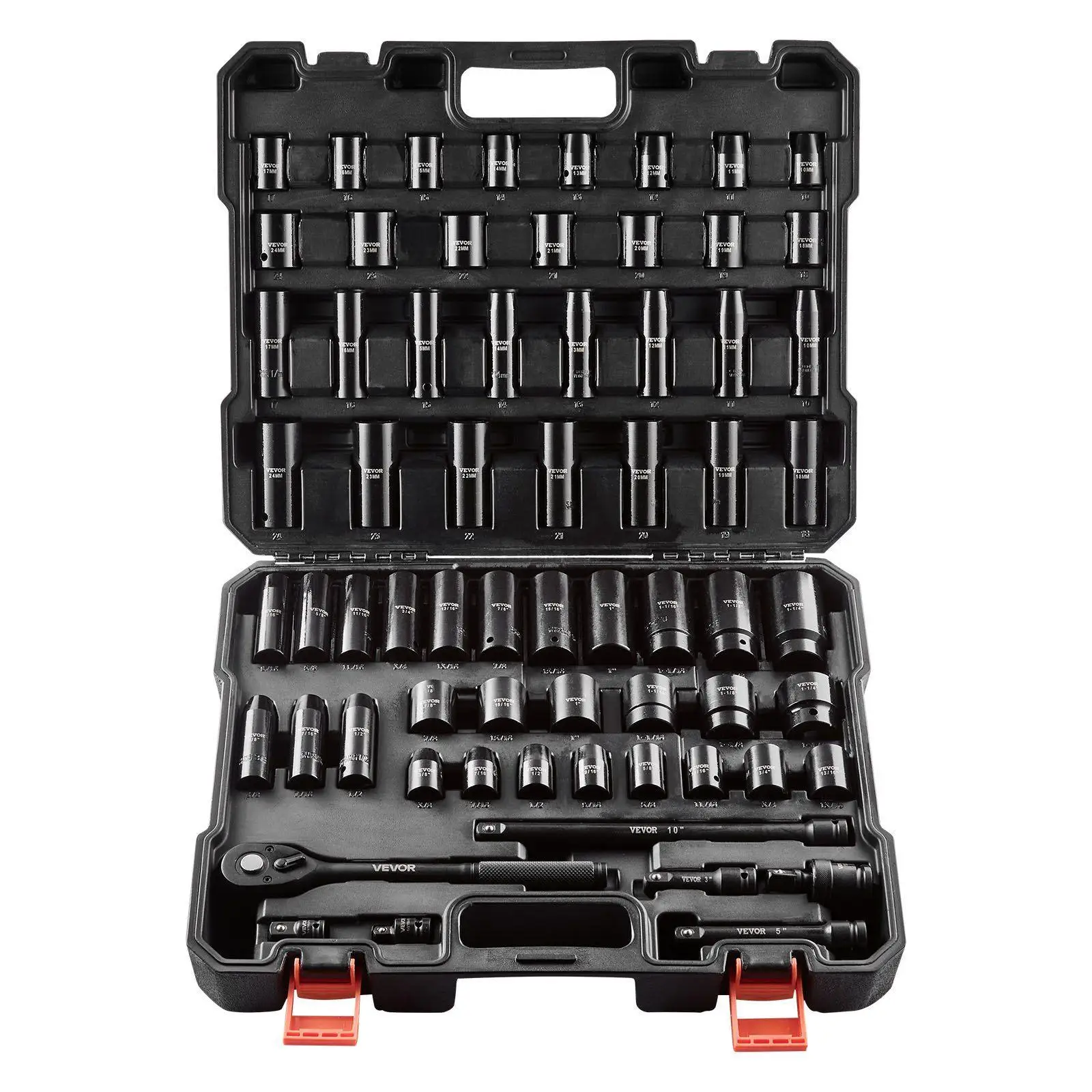 

Набор ударных головок DR из 65 предметов 1/2 дюйма SAE от 3/8 до 1-1/4 дюйма и метрической размером 10–24 мм, прочный Cr-Mo