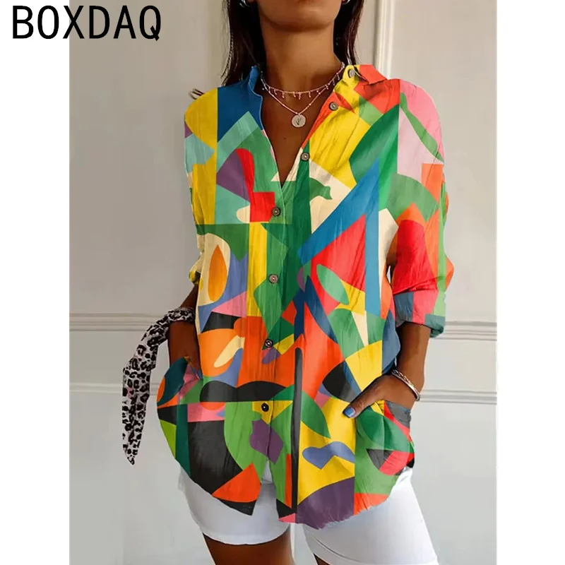 レディースシャツ 3D魚柄プリントシャツ ヴィンテージ風 秋 長袖 ラペルボタン カジュアルブラウス 大きいサイズ 女性用個性派シャツ