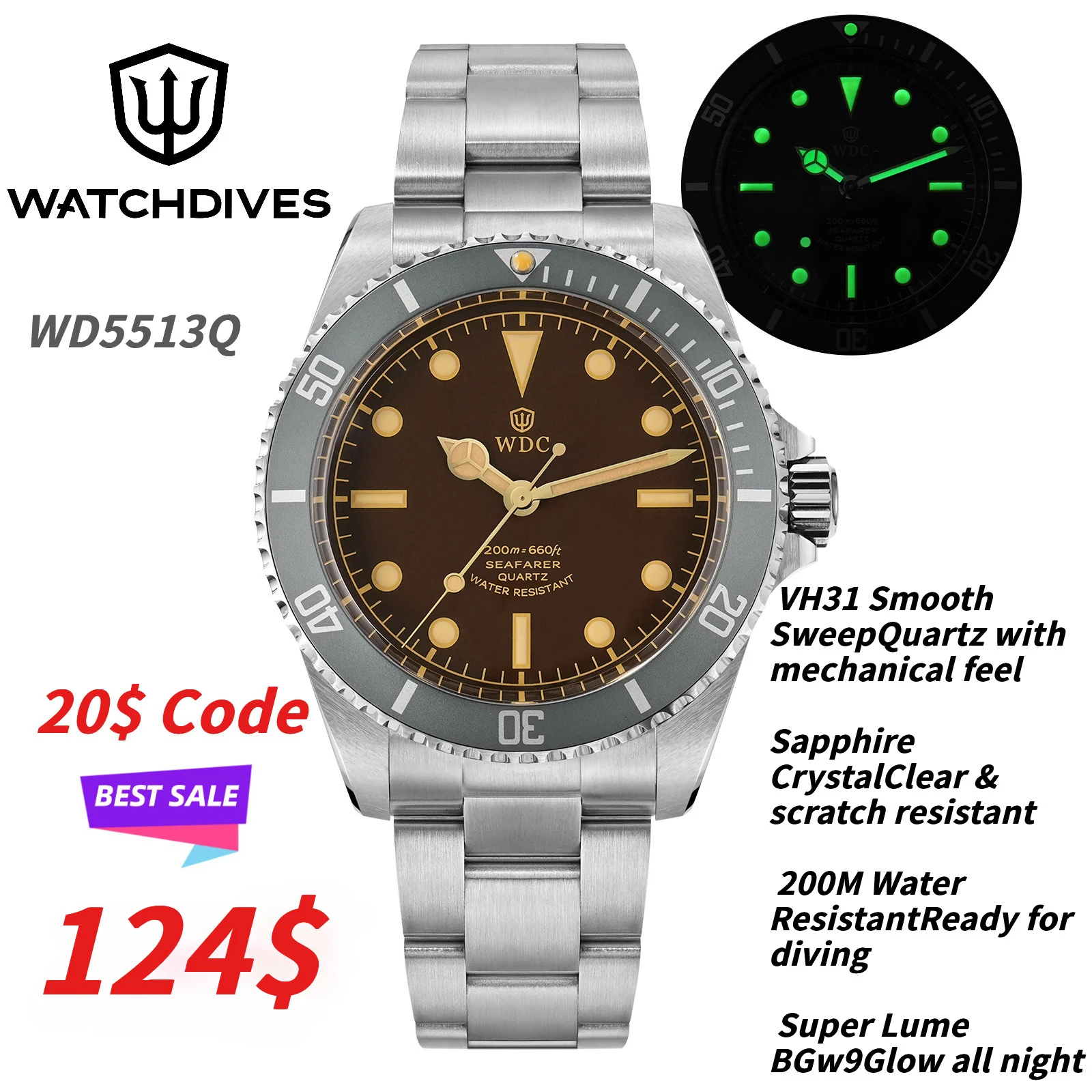 Reloj de buceo de cuarzo Watchdives WD5513Q de 40 mm, VH31 con segunda manecilla de barrido, zafiro, 200 m resistente al agua, pulsera de acero, BGW9 Lume, reloj para hombre