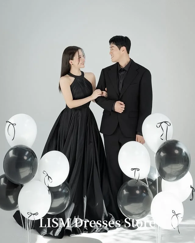 فساتين سهرة كورية رسن سوداء من LISM على شكل حرف A من الحرير والساتان فساتين زفاف طويلة في الهواء الطلق تبادل لاطلاق النار فستان مخصص عندساء