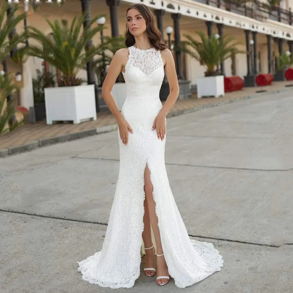 

Elegant Lace Applique Halter Mermaid Wedding Dresses 2023 For Women Custom Sexy Front Slit Backless Puff Sleeve Bridal Dress