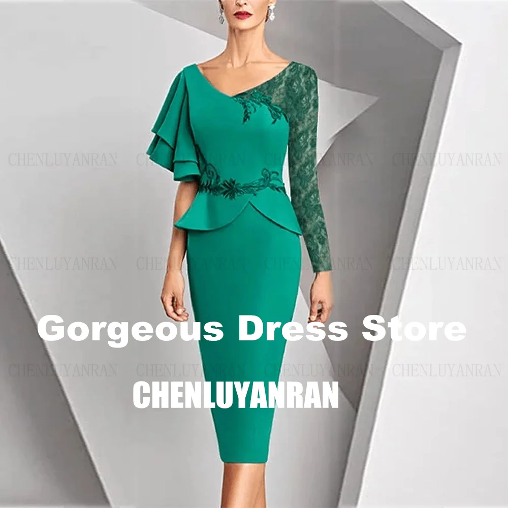 فساتين أم العروس الخضراء 2025 غمد الخامس الرقبة طويلة الأكمام جيرسي يزين الدانتيل الديكور العروس الأم فستان جميل