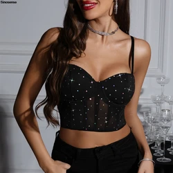 Donne maglia cuciture Cami Crop Top paillettes Decor corsetto più sottile Bustier estate Streetwear uscire Y2K Night Clubwear Party Tops