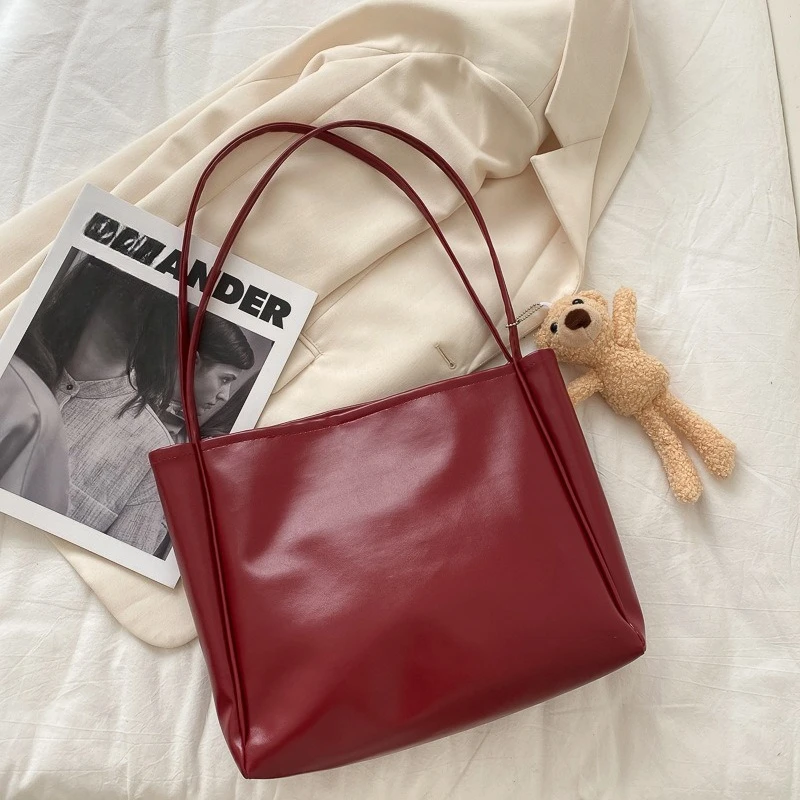 Casual Fashion Women's PU Leather Shoulder Bag Large Capacity Simple Ladies Tote Handbag Portable Solid Color Female Bucket Bag