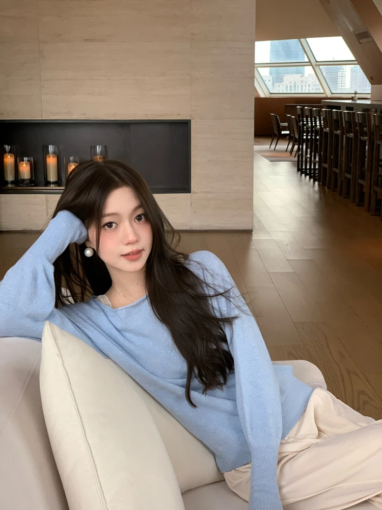 

Yang Wan Yu New 00 Wool Loose Women's Knitwear Faionable Versatile oulder Slouchy Sweater Top Commute Sle Pure Color