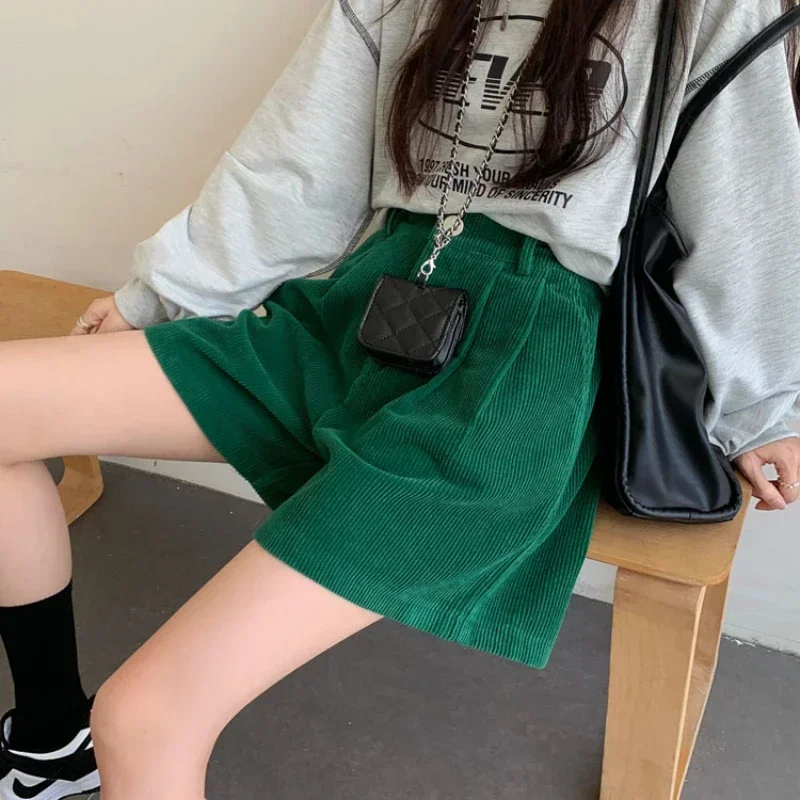 Y2k Fashion Green Corduroy Shorts Women Fall High Waist Wide Leg Black Shorts Female Vintage A Line Baggies Outwear Clothing New