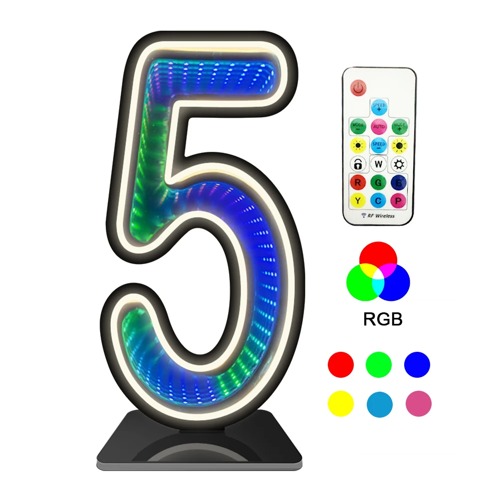

18inch Tall 3D LED Neon Sign Colorful Tunnel Number Light with Free Stand USB Powered for Party Infinite Mirror Effect