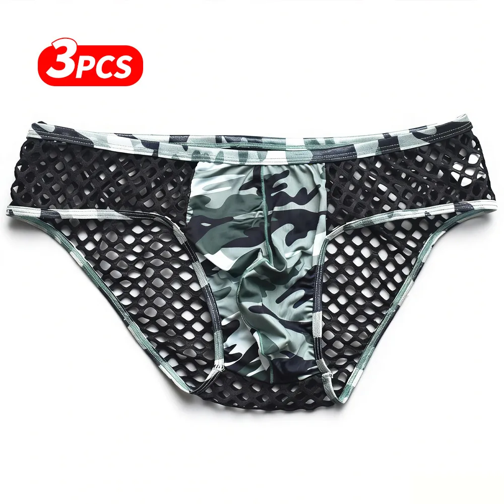 

Men 3 Pack Camouflage Print Mesh Briefs Hollow Out See Through Soft Comfortable Breathable Underwear 4 Colors Available