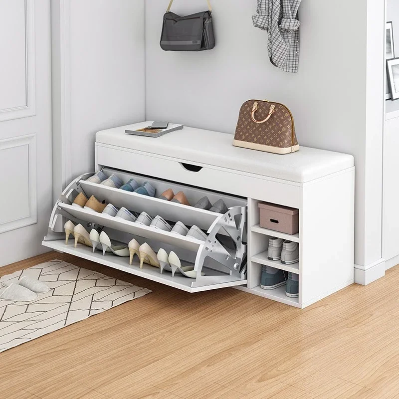 Hallway Shoe Bench Shoe Rack Shoe Cabinet with Flip-drawer and Leather Seat Cushion