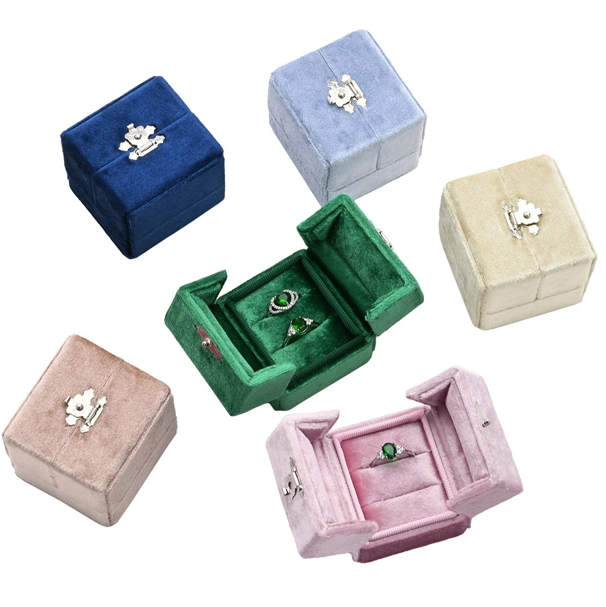 Velvet Ring Box Double Slot Jewelry Storage Box Luxury Flip Open Ring Case Customizable Gift Packaging