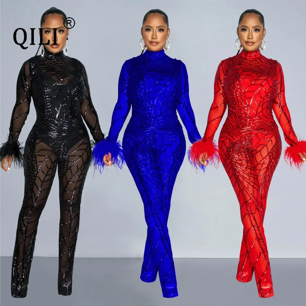 QILI-Women's Sexy See Through Mesh Sequined Full Sleeve Jumpsuits, Nightclub Party, Skinny, 2 Piece Sets