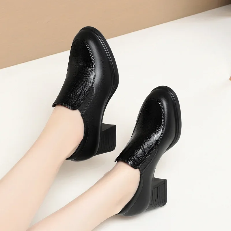 4cm 5cm Vintage Med Block Heels Soft Leather Shoes Women Loafers 2024 Spring Breathable Black Platform Shoes for Office Mom