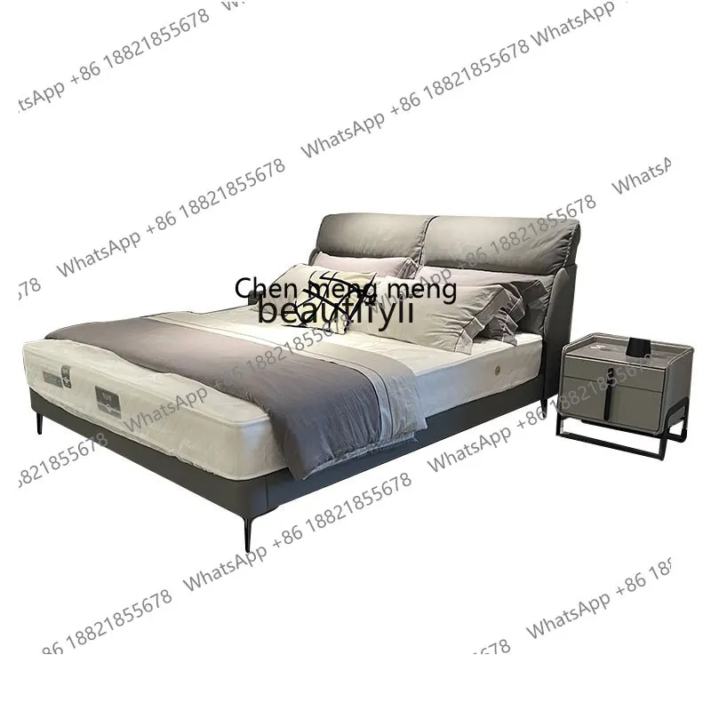 Leather Double Marriage Bed Master Bedroom Modern Minimalist Small Apartment Imported First Layer Cowhide down Soft Bag Designer
