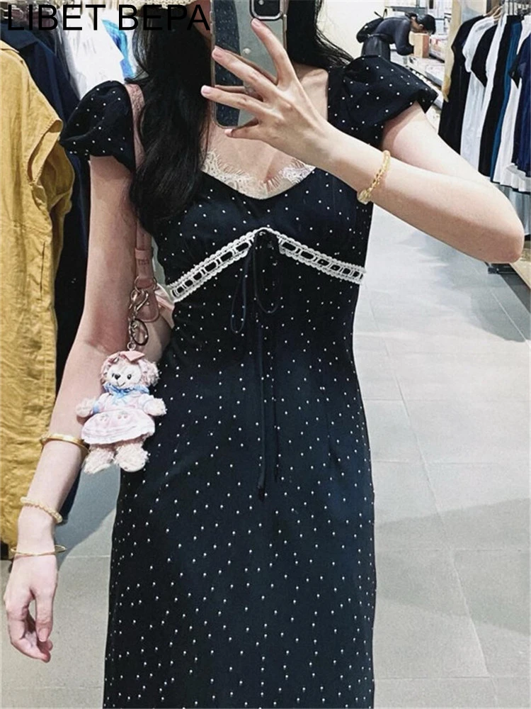 DR2532 New 2024 Bow Sexy Lace High Waist Printed Vintage Dot Korean Fashion Elegant Wild Lady Women Spring Summer Long Dress