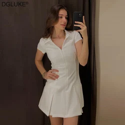 DGLUKE Short Sleeve White Mini Dress Lapel Collar Zip-Up Short Sports Dress Fashion Casual Summer Dress 2024