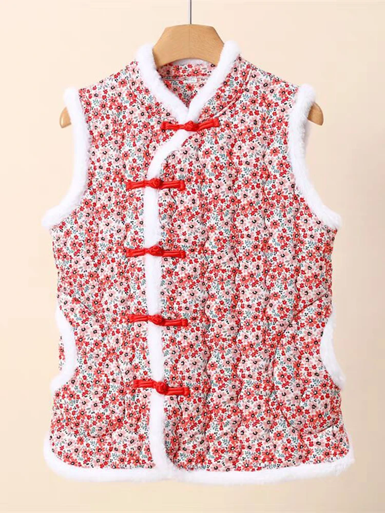 Thiened 冬用暖かいベスト レディース アウター 大きな花の刺繍ボタンデザイン Vネック プラスサイズ スリム フェイクファーコート