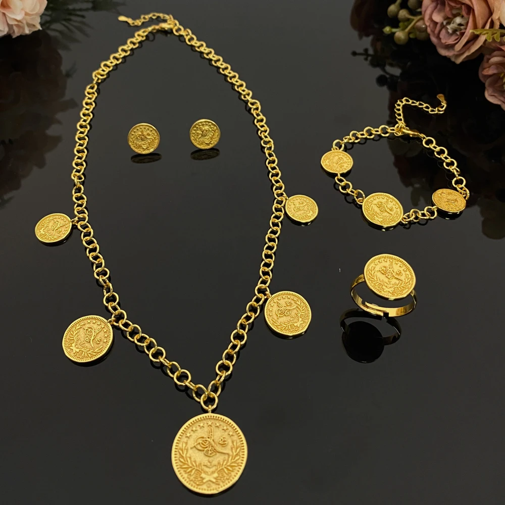Flora Vintage Coin Copper Plated Jewelry Set - 4Pcs Necklace Earring Bracelet Gift for Women Birthday Xmas New Year Festival