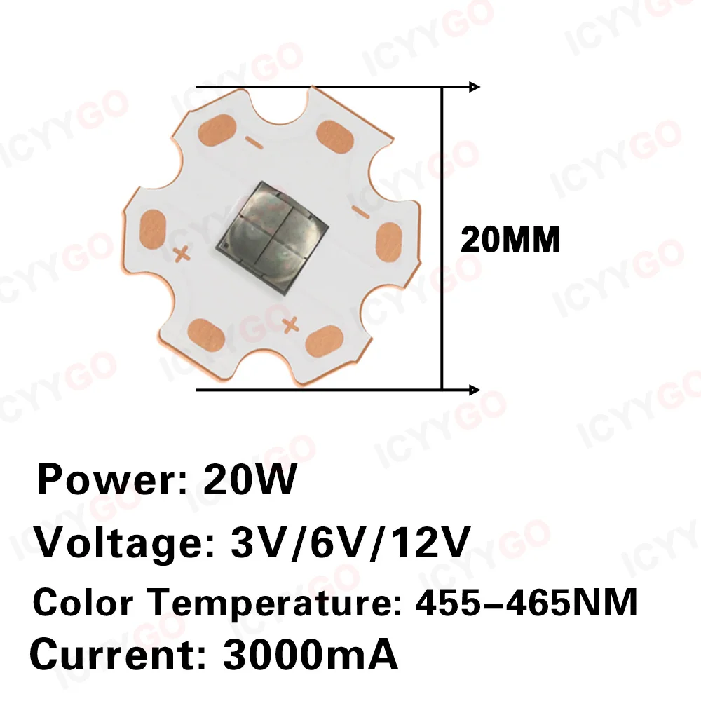 20W LED DC3V 6V 12V Lamp Beads 5050 Chip 3000mA Replacement Diode Blue Light 455-465nm Flashlight Night Fishing Stage Lamp Beads