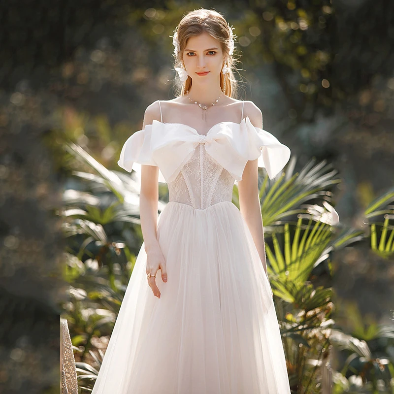 Elegant French Luxury White Satin Bow Chapel Train Wedding Dresses for Bride Sexy Slim Puff Sleeve  Party Dress Women Vestidos