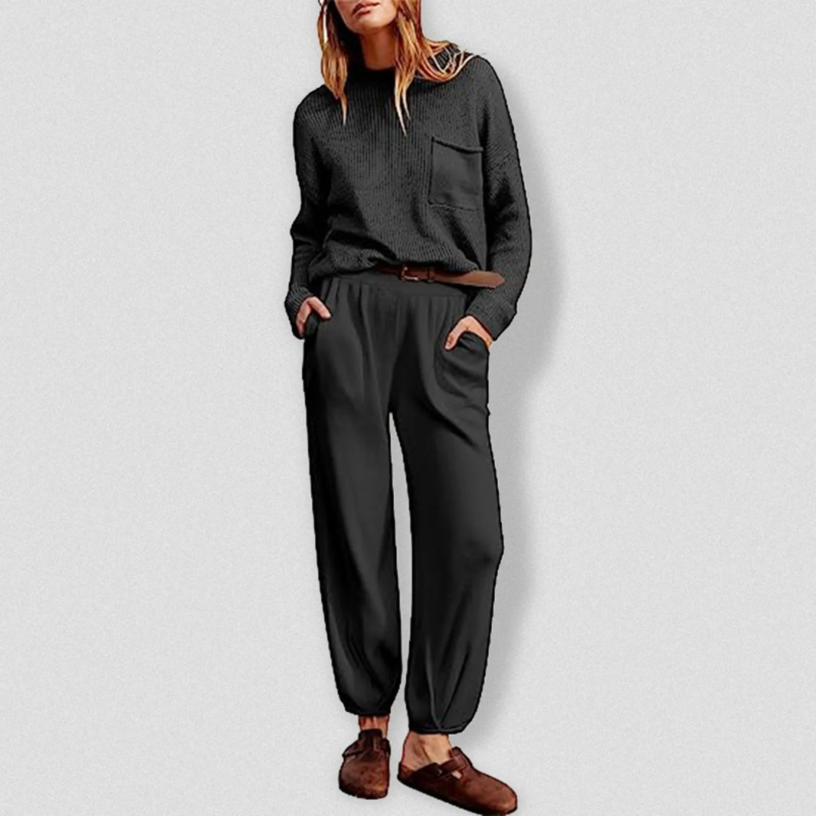 

Knitted Women's Trousers Suit 2 Piece Set Long Sleeve O-Neck Sweatshirt +Jogging Pants Set Female Tracksuit Sportwear Outfits