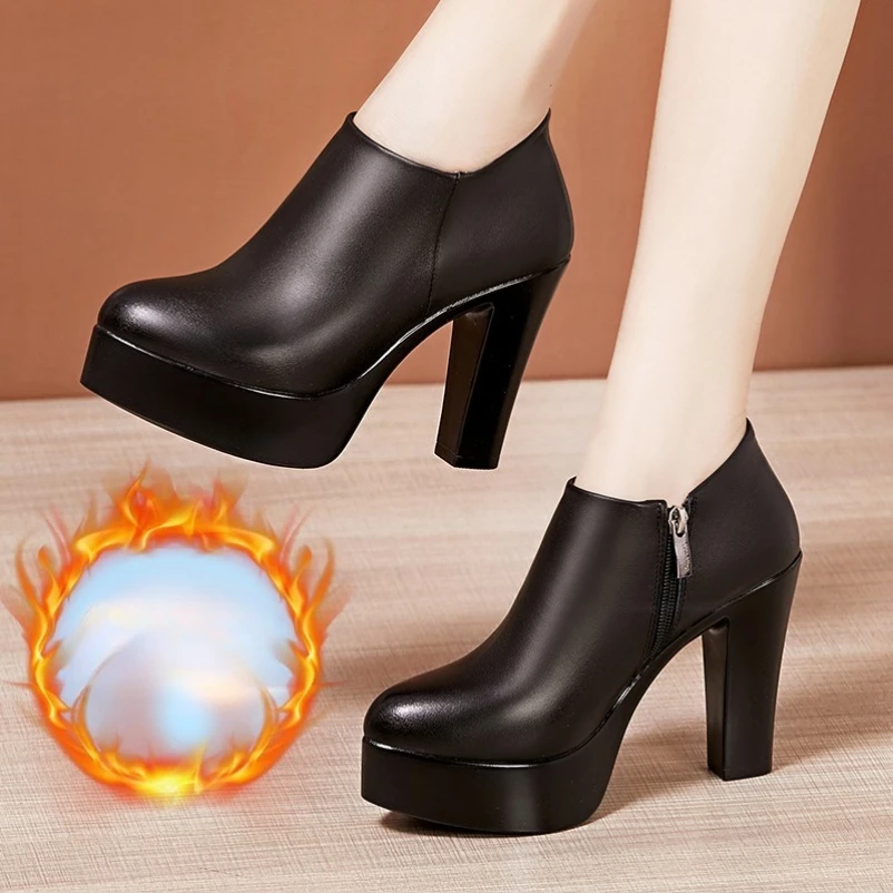 

2025 глубокий рот, большие размеры 32–43, туфли-лодочки на платформе и блочном каблуке, женская обувь, осенне-зимняя обувь на плюшевом меху, женская обувь на высоком каблуке