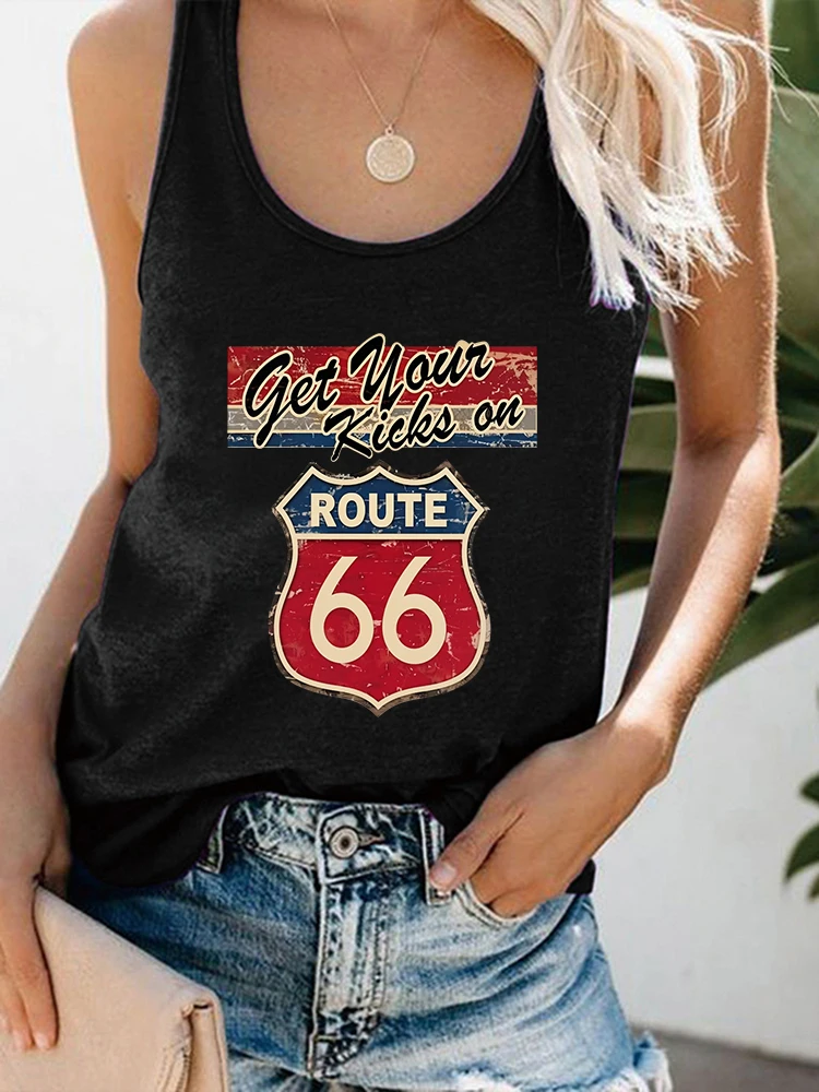 Retro Route 66 Red Shield Graphic Raglan Sleeveless T-Shirt Country Western Baseball Tank Tops Vintage Clothes Female Outdoor