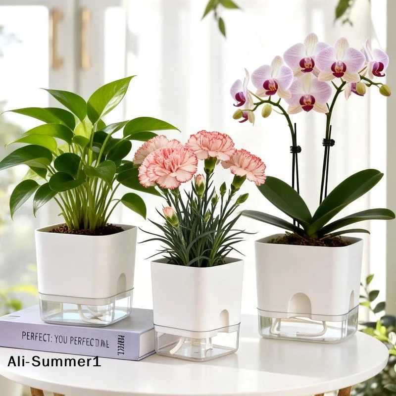 【E】White Self Watering Plant Pot Square Double Layer Flowerpot For Home Indoor And Outdoor Balcony Garden Plants Decor Flowerpot