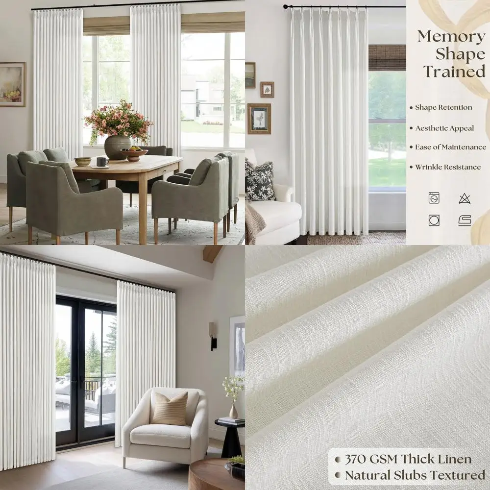 

Extra Wide Linen Curtains 84 for 60 Patio Door, Pleated Semi-Sheer Drapes with Hooks, Ivory Birch, 1 Panel