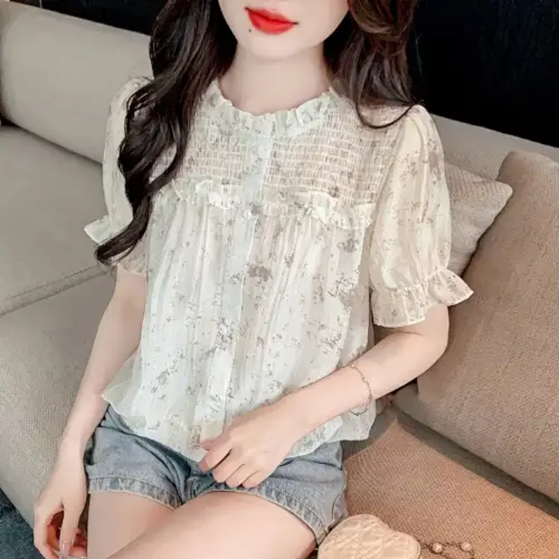 

Women's Floral Print Ruffled Blouse Short Sleeve Chiffon Top Casual Chinese Style Cropped Shirt