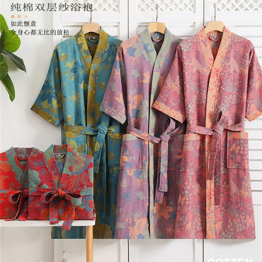 Multi Colors Kimono Robes for Couples Homewear Cotton Bathrobe Spring Summer Thin Quick Drying Men Shower Robe Women Loungewear