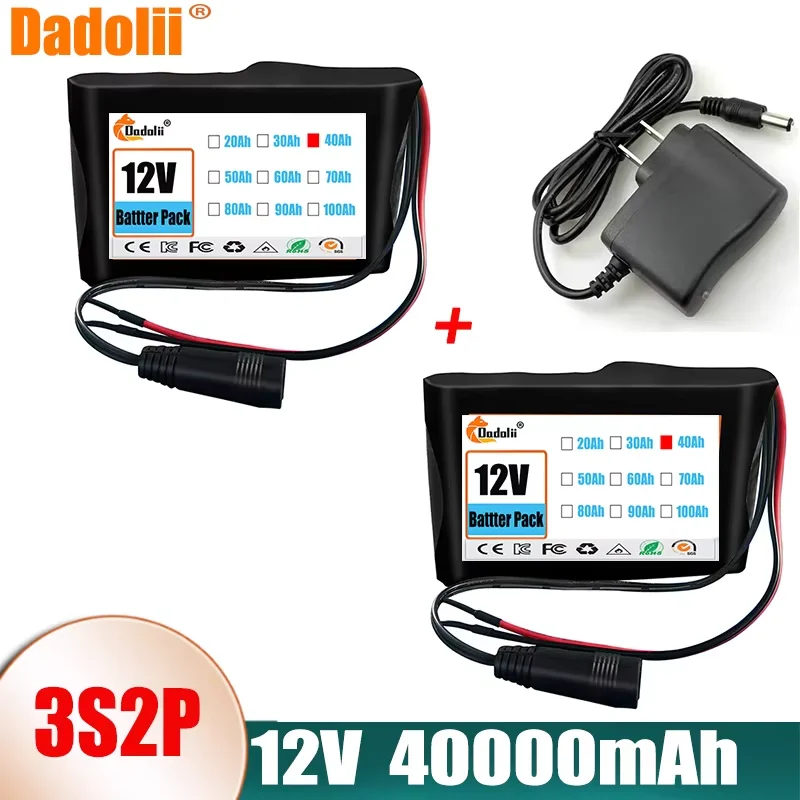 18650 3S2P 12V 40000mah Original Lithium Ion Battery DC 12.6V 40Ah Rechargeable CCTV, Camera Monitor Replacement Battery+Charger