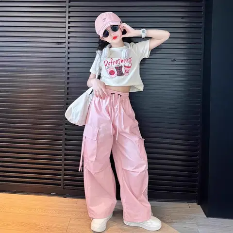 2025 jazz dance summer Kids Children set Girls Clothes T-Shirt + wide leg Cargo Pants Teenager outfit 4 5 8 10 11 12 14 15 year