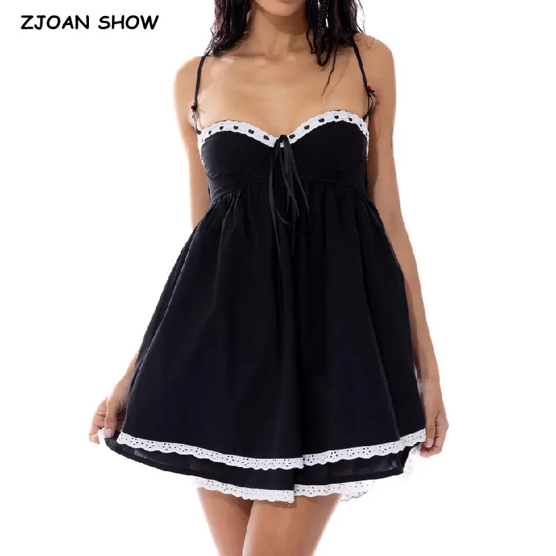 Sexy Black Spliced Embroidery Lace Rope Bow Bra Corset style Mini Dress Women Backless Party Skater Short Sling Robe Holiday