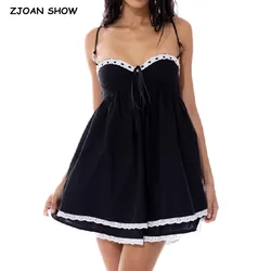 Sexy Black Spliced Embroidery Lace Rope Bow Bra Corset style Mini Dress Women Backless Party Skater Short Sling Robe Holiday