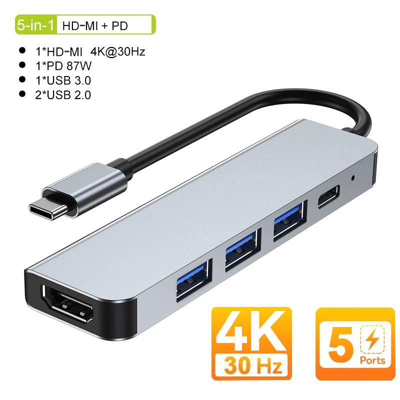 5-in-1 USB C Docking Stations USB C Hubs 4K 30Hz Type C Splitter to HDMI Adapter For Laptop Macbook Computer Accessories