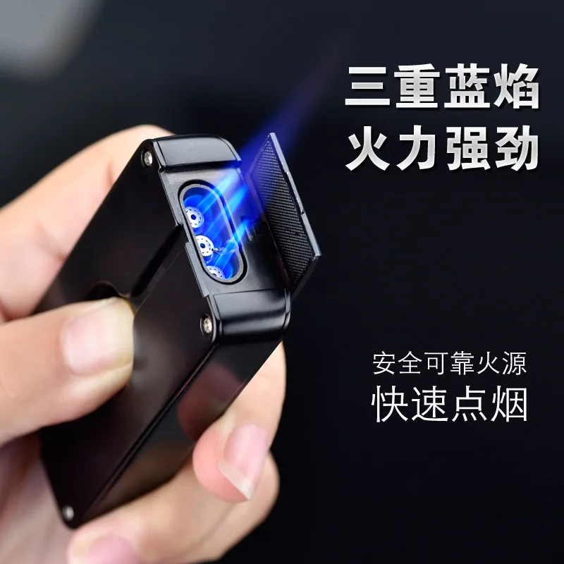 High-end Atmospheric Three-point Cigar Windproof Metal Lighter Triple Blue Flame Welding Gun Spray Gun New With Cigar Scissors