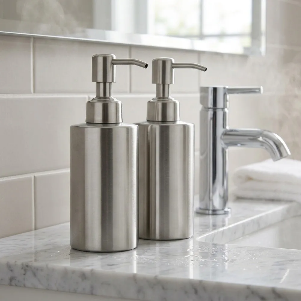 Stainless Steel Countertop Soap Dispenser Set 2 Pcs 250 ml Each for Bathroom and Kitchen with Rust Resistant 304 Steel Body